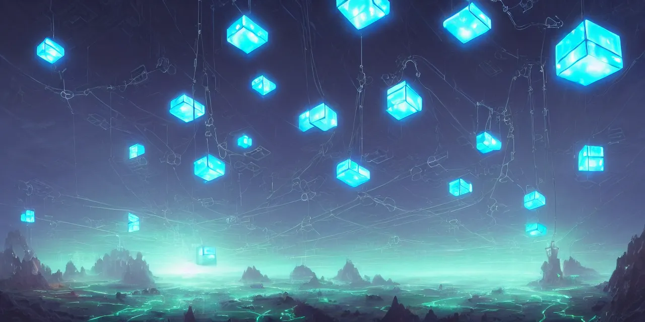 Image similar to a fleet of giant glowing futuristic circuit cubes tied to each other with lots of glowing chains in the sky, thick glowing chains, light rays bouncing between cubes, a fantasy magical landscape seen in the distance, atmospheric lighting, intricate, volumetric lighting, beautiful, sharp focus, ultra detailed, in the art style of marc simonetti, bowater charlie and brom gerald, astrophotography