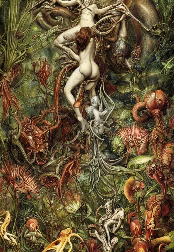 Prompt: simplicity, elegant, muscular animals, human babies, botany, orchids, radiating, colorful mandala, psychedelic, overgrown garden environment, by h. r. giger and esao andrews and maria sibylla merian eugene delacroix, gustave dore, thomas moran, pop art, biomechanical xenomorph, art nouveau, haunting