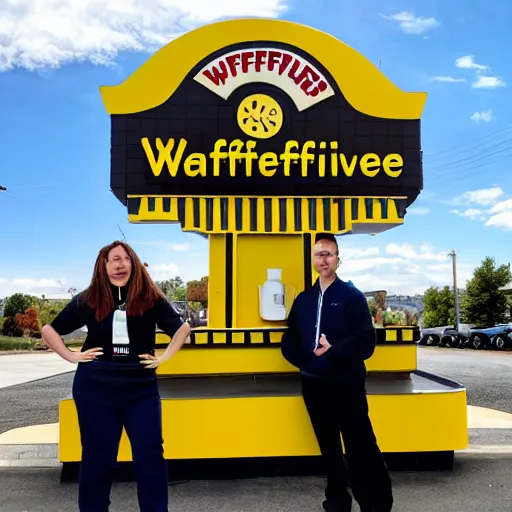 Image similar to wafflehouse employee's standing below wafflehouse sign