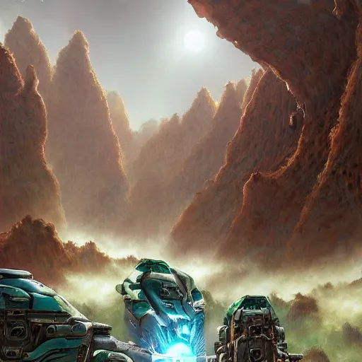 Image similar to mechas in highly detailed alien planet with lush vegetation, deserts and mountains, artgerm, cgsociety