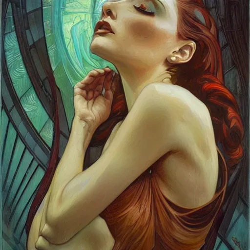 Image similar to a streamline moderne painting in the style of donato giancola, and in the style of charlie bowater, and in the style of alphonse mucha. symmetry, smooth, sharp focus, semi - realism, intricate detail.