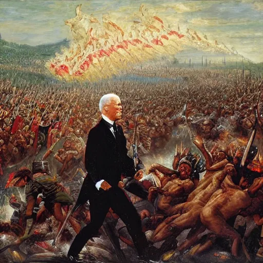 Image similar to Joe Biden leads the armies of hell, oil on canvas, 1883