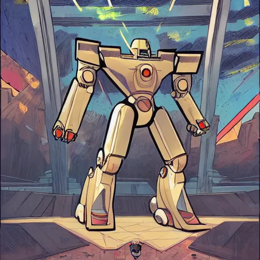 Image similar to mecha robot inside a Greek temple in style of Patrick Gleason and Marvel Comics, soft