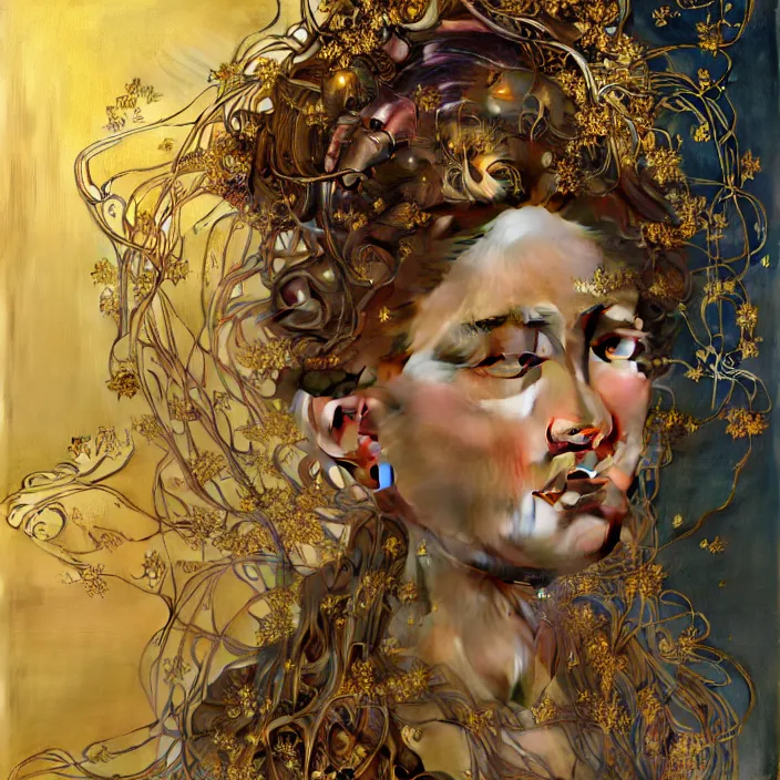 Image similar to hyperrealist portrait of a 2 0 4 4 space sport engineer, it is decorated with long gold wires and gold flowers that fall like vines and wears a huge computer crown. by jeremy mann and alphonse mucha, fantasy art, photo realistic, dynamic lighting, artstation, poster, volumetric lighting, dramatic light, very detailed faces, 8 k, award winning