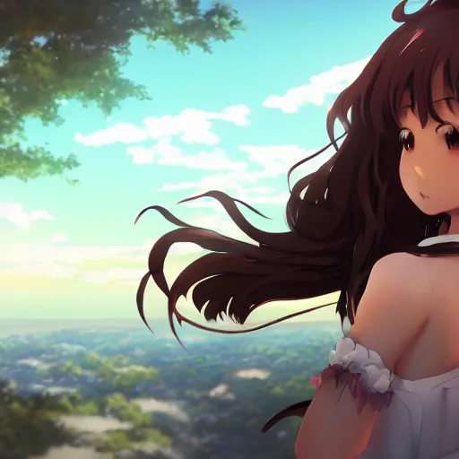 Image similar to a beautiful 3d brown anime girl, brown skin, long black curly hair, Cinematic lighting, medium shot, in a anime masterpiece, highly detailed, Trending on artstation, Cinematic wallpaper
