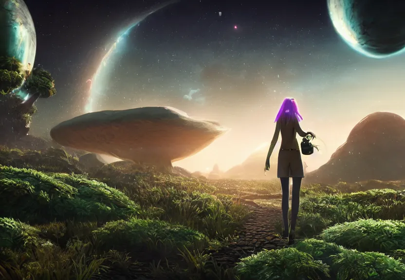 Image similar to a woman walking on a alien planet with alien plants and a giant galaxy appearing in the sky, digital art, anime style, 8K HDR, octane render, unreal engine 5, path tracing, breathtaking landscape, cinematic lighting, trending on Artstation, high quality, highly detailed, trending on DeviantArt, concept art