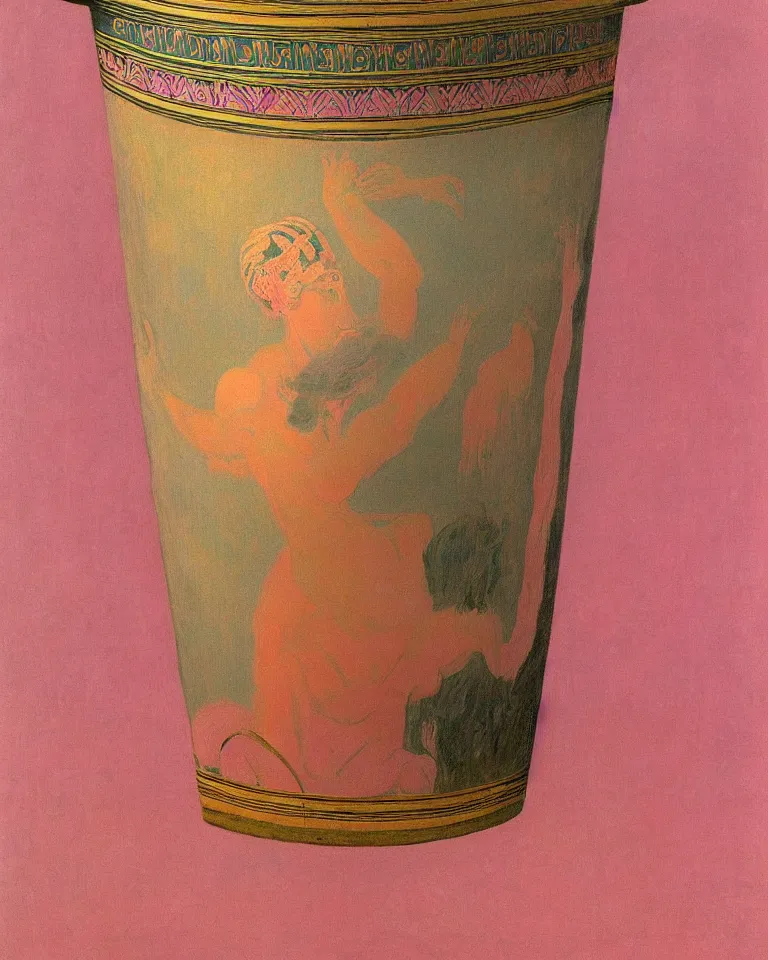 Image similar to achingly beautiful print of intricately painted ancient greek krater on a pink background by rene magritte, monet, and turner.