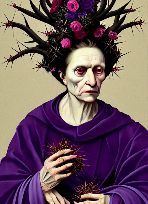 Prompt: portrait of a old year woman with a wreath of thorns a dress of bones and piony horns snake smoke, purple colour scheme, full length, masterpiece, art by caravaggio, artstation