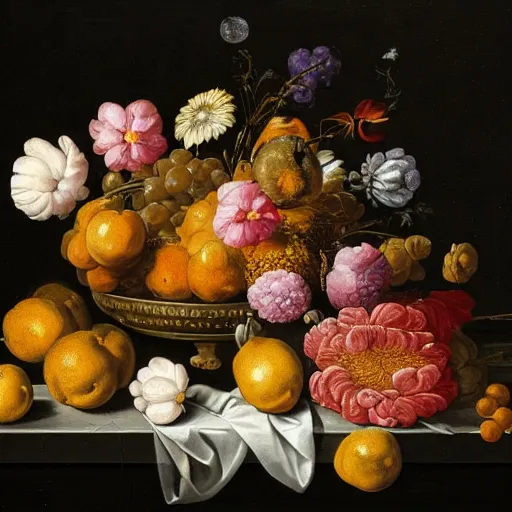 Image similar to a painting of flowers and fruit on a black background, a flemish baroque by jan davidsz. de heem, shutterstock contest winner, baroque, flemish baroque, dutch golden age, rococo