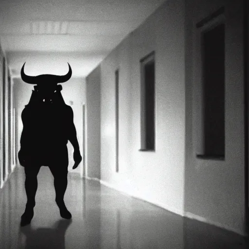 Image similar to hi - 8 night vision camera footage of a barely visible, bipedal minotaur with shrouded in darkness at the end of an extremely dark hallway