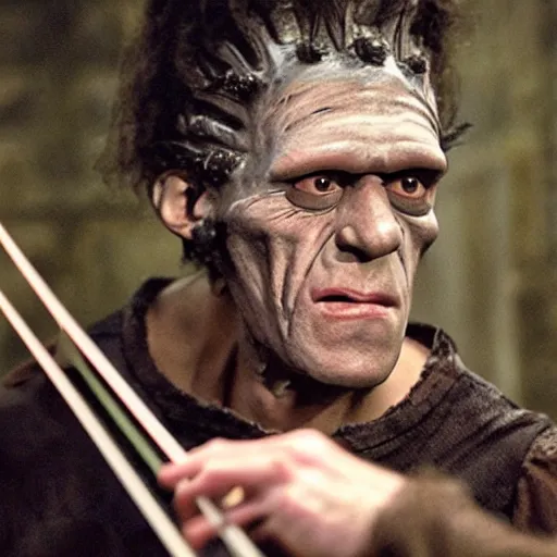 Image similar to UHD candid photo of Frankenstein playing violin, with accurate face, UHD, photorealistic, correct face, photo by Annie Leibowitz