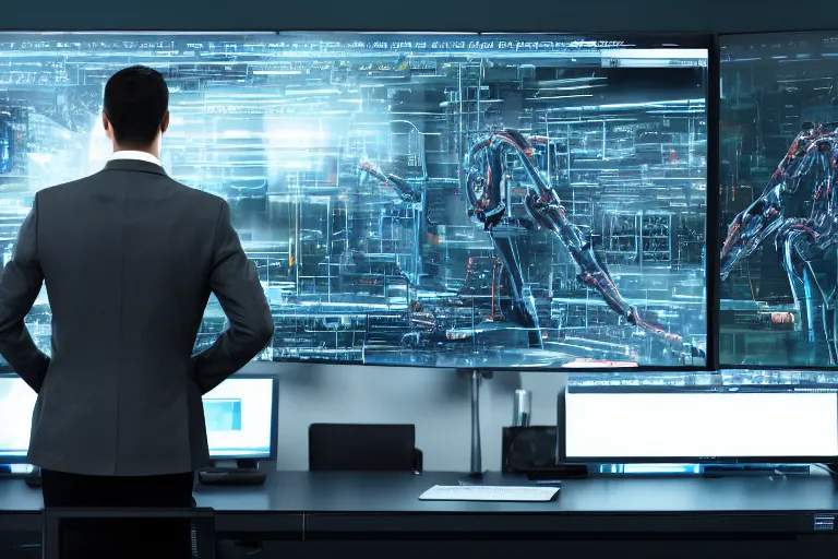 Image similar to a man in gray corporate suit standing in dark in front of supercomputer with many monitors and displays, focus on monitor with the skynet logo, photorealistic, highly detailed, real life photo 4 k, octane render, trending on artstation, hd