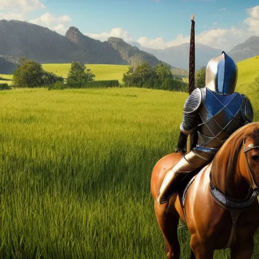 Image similar to knight riding a horse in a field, full 8 k highly detailed unreal engine 5 render