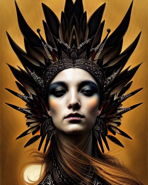 Image similar to goddess of crows, unusual beauty, emotionally evoking symbolic metaphors, head in focus, fantasy, ornamental, intricate, elegant, sensual, highly detailed digital painting, artstation, concept art, painterly, golden ratio, sharp focus, illustration, art by John Collier and Krenz Cushart and Artem Demura and and Greg Rutkowski and Alphonse Mucha and Albert Aublet