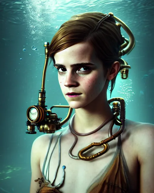 Image similar to underwater steampunk biopunk portrait of emma watson, au naturel, hyper detailed, digital art, trending in artstation, cinematic lighting, studio quality, smooth render, unreal engine 5 rendered, octane rendered, art style by klimt and nixeu and ian sprigger and wlop and krenz cushart.