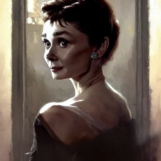 Image similar to audrey hepburn in a horror novel, inside haunted mansion, various scenarios, looking for the way out, highly detailed, digital painting, artstation, art by gaston bussiere, greg rutkowski, j. c. leyendecker, robert hubert