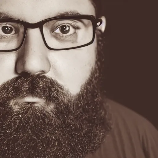 Prompt: portrait of a young chubby bearded man with glasses and characteristic hairstyle, sepia tone photography, 4K