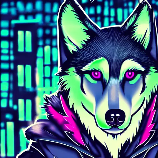 Image similar to beautiful furry digital art portrait of an androgynous furry anthro wolf fursona both wearing punk clothes in the streets of a cyberpunk city. neon signs.