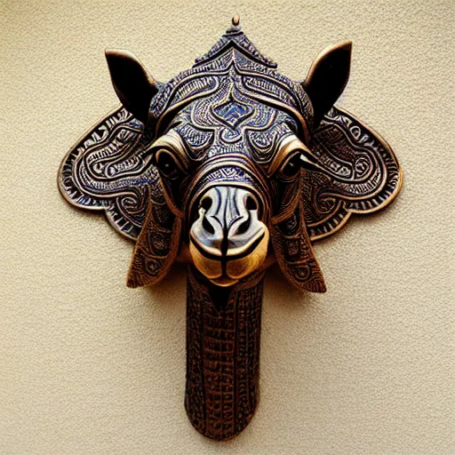 Prompt: gorgeous ornated bronze realistic detailed sacred camel wall decoration with filigree, arabic