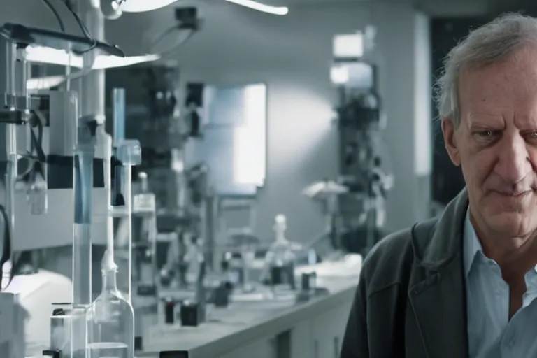 Image similar to an ultra realistic cinematic portrait of an evil male scientist smirking, foggy, stood in a lab, detailed, backlight, deep focus, movie still, moody lighting, by werner herzog