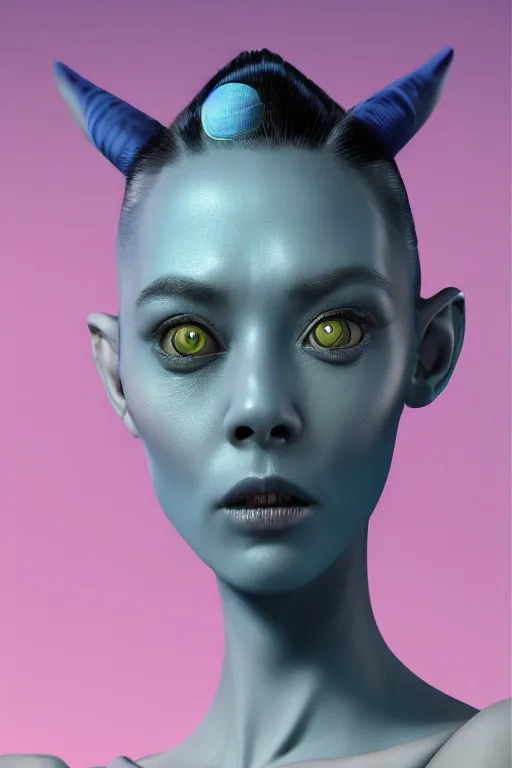 Image similar to beautiful studio portrait of an elegant blue alien woman with insect eyes, wearing an outfit made from plutonium, character art, silicone skin, symmetrical face, by luc besson and denis villeneuve, the 5 th element, hyperrealism, cinematrographic, sharp details, 3 5 mm, f / 2 4, masterpiece, artstation