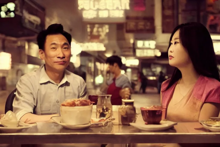 Image similar to VFX movie interior closeup beautiful Asian couple closeup sitting at 50s diner, night in the city, by Emmanuel Lubezki