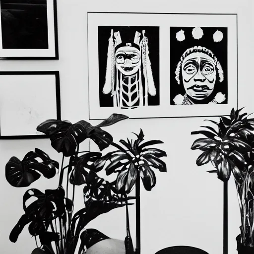 Image similar to A black and white photography in sérigraphie of an exhibition space with works of Sun Ra, Marcel Duchamp and tropical plants - W 1280