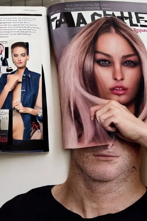 Image similar to -A man is standing next to table and watching the fashion magazine, he trasforms his face into a copy of female model's face which is in the fashion magazine.