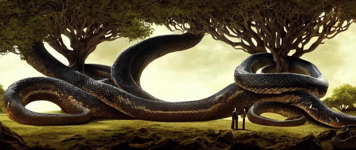 Image similar to a giant snake around the tree of life, high detail, 8k, ornate, dark fantasy, maximalist, realistic, masterpiece, complex, WLOP, film still from the movie directed by Denis Villeneuve with art direction by Salvador Dalí