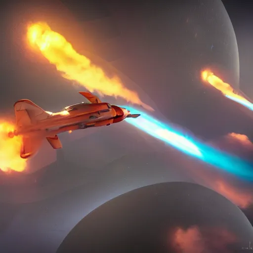 Image similar to octane render, a futuristic space fighter modeled after a spitfire plane, flying through colorful clouds of smoke inside an intense space battle, featured on cgsociety, dramatic lighting, cinema 4 d, ray traced lighting, photorealistic, ultra - detailed, f 1. 3