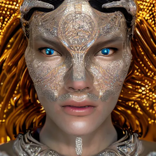 Image similar to full body detailed, ethereal, biomechanical, covered in diamonds and other gems glowing, highly detailed face, elegant posed, intricate, extremy detailed, beeple, cgsociety, 3 d unreal engine octane render. cinematic lighting, highly detailed 4 k art