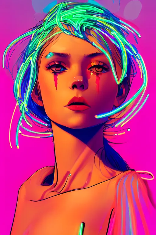 Prompt: a award winning portrait of a beautiful woman with stunning eyes in a one off shoulder croptop and cargo pants with rainbow colored hair, outlined by whirling illuminated neon lines and fine lines swirling in circles by ilya kuvshinov, digital art, trending on artstation