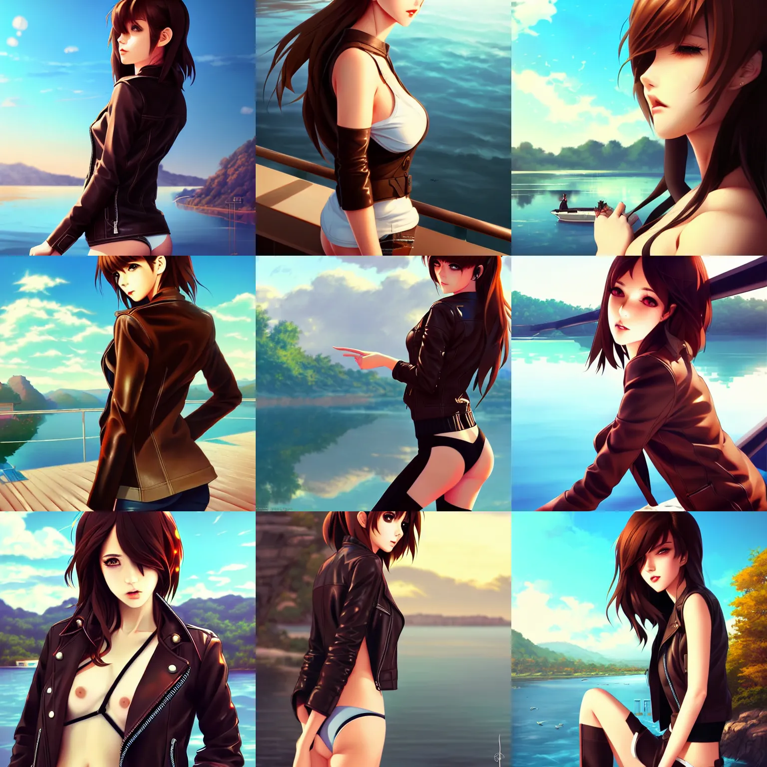 Prompt: sexy girl with brown hair wearing a leather jacket, scenic view of river, in the style of ilya kuvshinov and rossdraws and artgerm, high definition anime art, gorgeous, sexy, hot