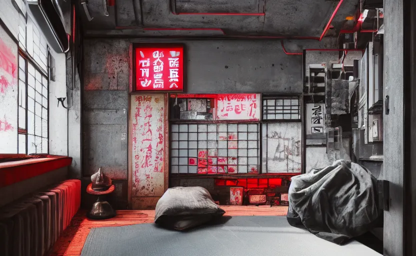 Prompt: maximalist interior of a japanese bedroom, concrete, cyberpunk, japanese neon signs, retro futuristic, old brick walls, rough wood, grey, anthracite, red, akihabara style, swedish style, window with a view of apartment blocks