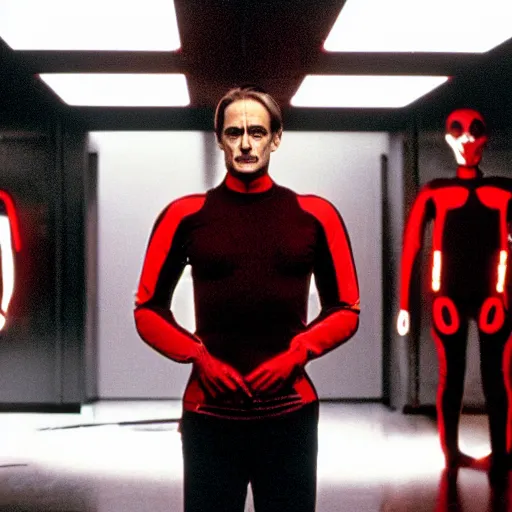 Image similar to a scene from the movie dead ringers with jeremy irons, dark cinematic lighting, heavy black and red color contrast, medical equipment