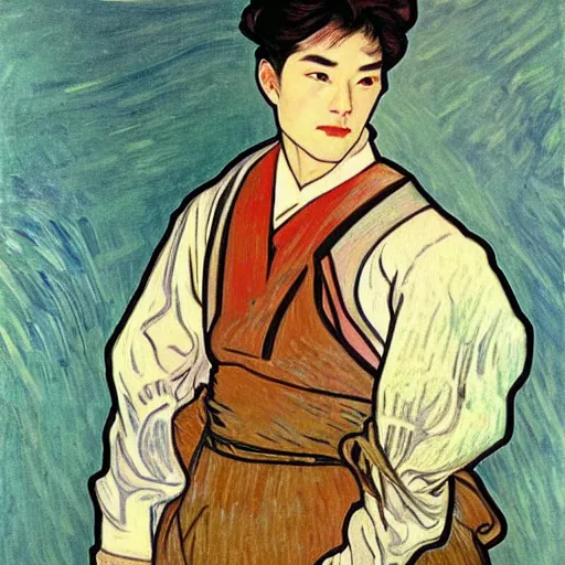 Image similar to painting of grumpy handsome beautiful man named min - jun in a maid outfit, elegant, clear, painting, stylized, art, art by alphonse mucha, vincent van gogh, egon schiele,