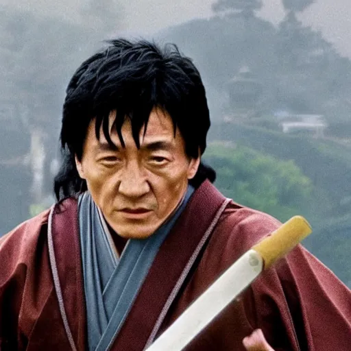 Image similar to Jackie Chan as samurai , under rain, dramatic, sad ambience, an film still