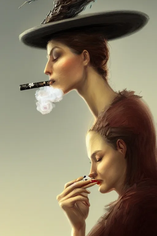 Image similar to Sad woman smoking a gigarette, wearing hat made of smoke and ashes, fantasy, intricate, elegant, highly detailed, digital painting, artstation, concept art, smooth, sharp focus, illustration, art by Ilja Repin