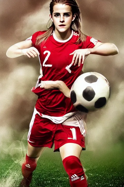 Image similar to a portrait of emma watson as a lokomotiv football player, hyper realistic, highly detailed