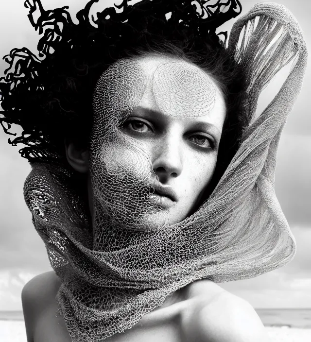Prompt: photography face portrait of one stunning woman in white beach ocean, wearing one organic futurist shawl designed by iris van herpen,, creative colorfull - makeup, curly hair style halflong, photography by paolo roversi nick knight, helmut newton, avedon, and araki, sky forest background, natural pose, highly detailed, skin grain detail