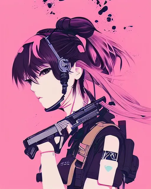 Image similar to girl with tactical gear, very anime!!! anime!! intricate details, aesthetically pleasing pastel colors, poster background, aesthetic details, art by conrad roset and ilya kuvshinov