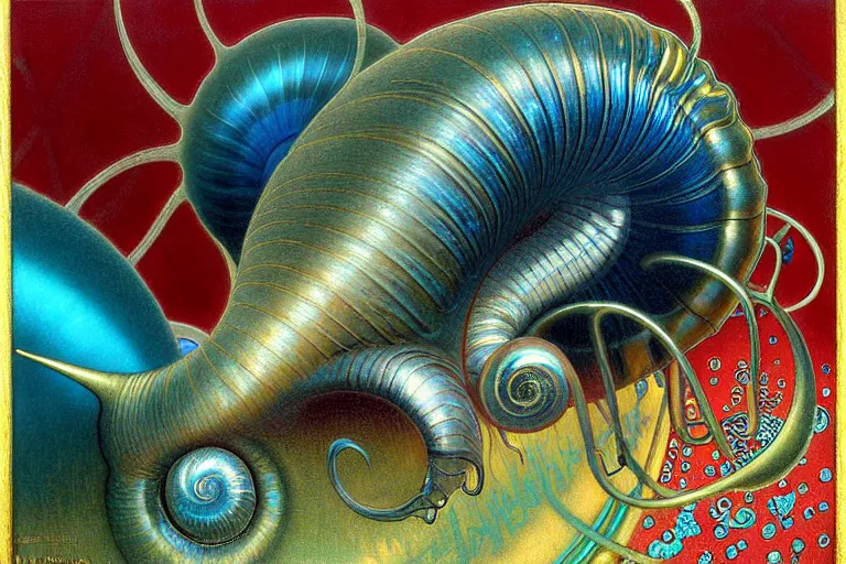 Image similar to realistic detailed closeup portrait painting of a single snail wearing crimson velvet blazer in a crowded futuristic moscow street by Jean Delville, Amano, Yves Tanguy, Alphonse Mucha, Ernst Haeckel, Ilya Repin, Edward Robert Hughes, Andrei Tarkovsky, Roger Dean, rich moody colours, blue eyes