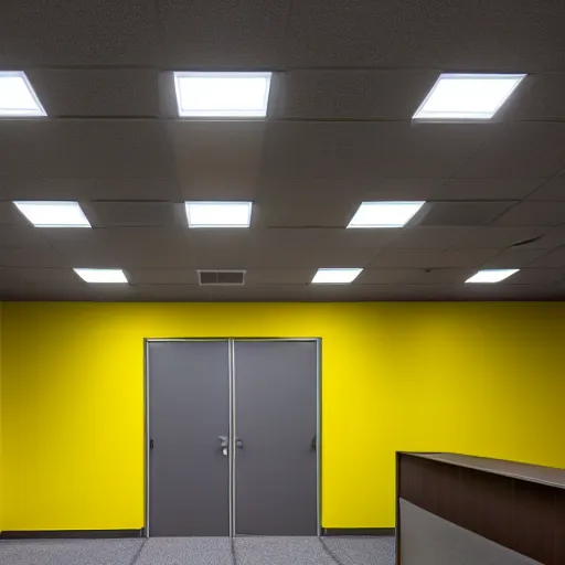 Prompt: a photograph of an emty office with mono yellow walls,brown moist carpet and fluorescent lights,creepy,eerie,4k,real photo,natural lights,mysterious,professional photography
