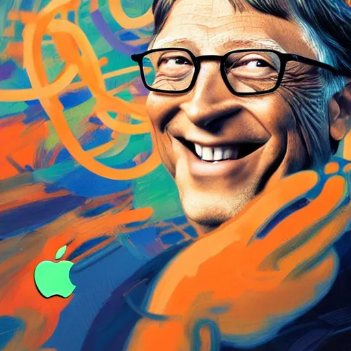 Image similar to bill gates laughing in apple costume, digital illustration by ruan jia on artstation, outlined by whirling illuminated neon lines and fine lines swirling in circles by jesper ejsing and rhads and makoto and shinkai and lois van baarle, digital art, trending on artstation - h 8 3 2