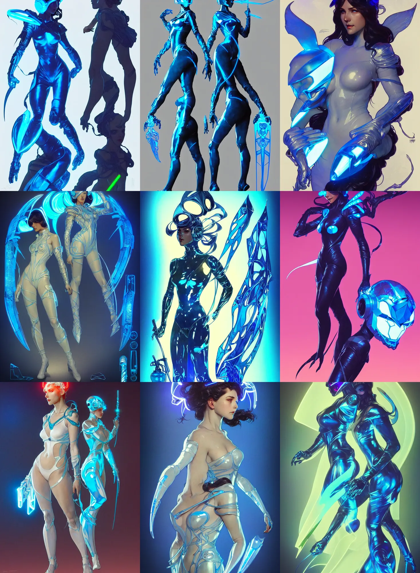 Image similar to a full body character design by artgerm, greg rutkowski and alphonse mucha. sci - fi dagger. laser and fluorescent blue translucent plastic tape project show attctive showgirl!! sci - fi helmet!! sharp edges. contour light effect!!. ultra detailed, elegant, intricate, octane render.