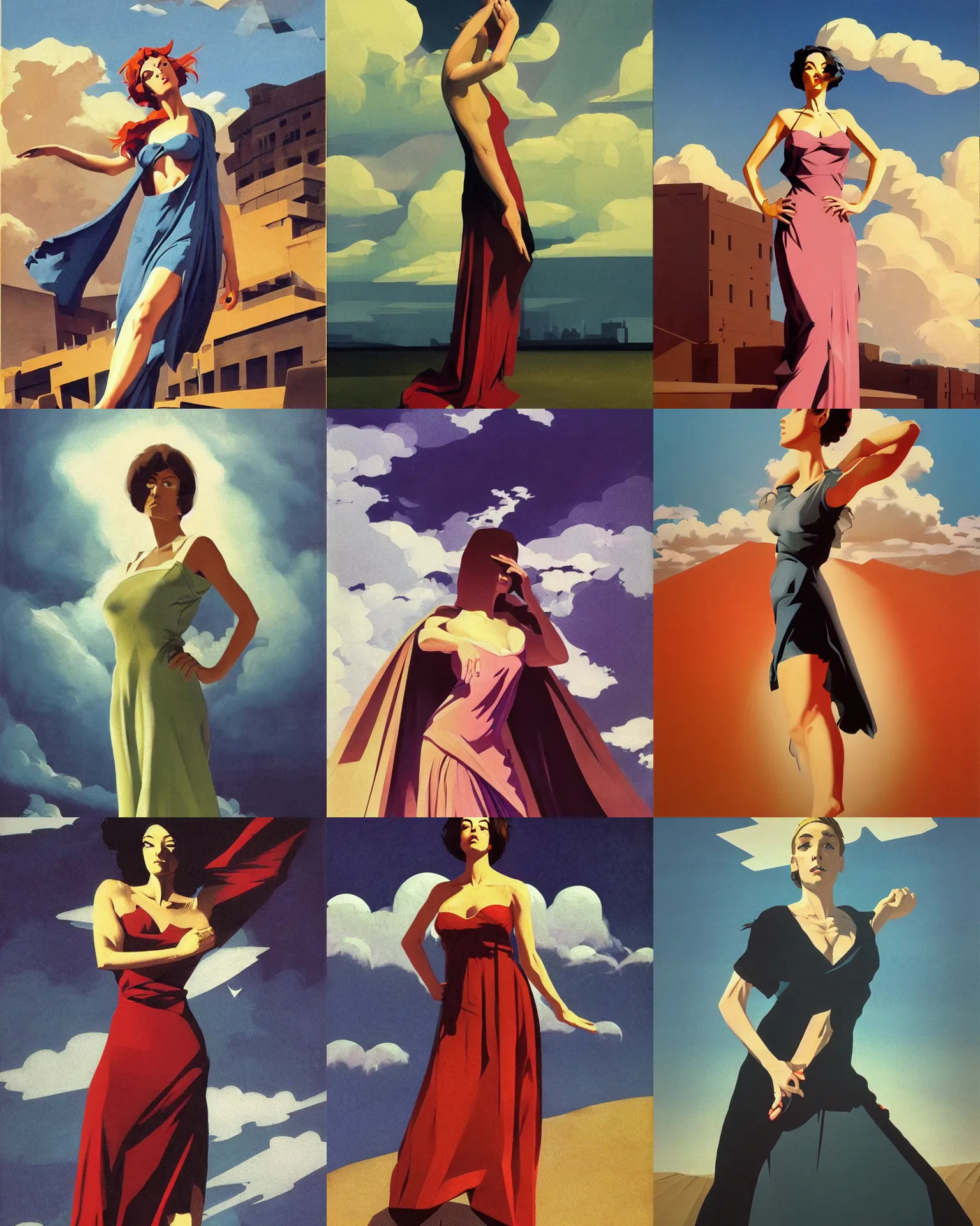 Prompt: woman portrait, female figure in maxi dress, sky, thunder clouds modernism, dynamic pose, dance, low poly, low poly, low poly, industrial, soviet painting, social realism, barocco, Frank Frazetta, Dean Ellis, Detmold Charles Maurice, 1993 anime,