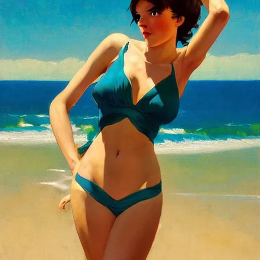 Image similar to greg manchess painting of tracer wearing a 1 9 2 0 s bikini in a beach, medium shot, organic painting, sunny day, bold shapes, hard edges, street art, trending on artstation, by huang guangjian and gil elvgren and sachin teng and artgerm and greg rutkowski and alphonse mucha