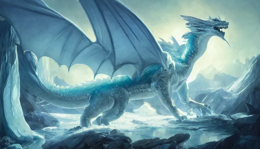 Image similar to epic ice dragon with trendy shapes in a nordic landscape under aurora and stars, set in the words of the Forgotten Realms and Guildwars2, painted by Hans Fredrik Gude, N.C.Wyeth and Artgerm, concept art 2022, ultra realistic masterpiece