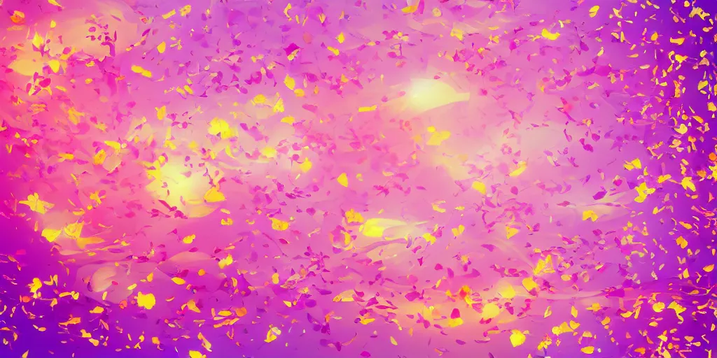 Image similar to background art of spaciously scattered flower petals flowing and floating through the blowing swirling directional wind from left to right on a simple sunset background, large individual rose petals, angular background elements, polygonal fragments, anime, artgerm, manga, trending on artstation, art nouveau, mature color scheme