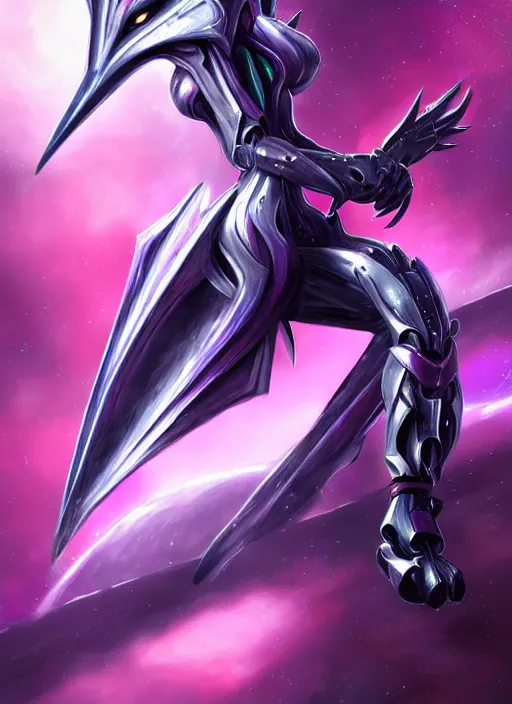 Image similar to cinematic close body, cosmic sized beautiful stunning giant robot mechan hot female dragon goddess, sharp sleek cyborg dragon head, sharp metal ears, smooth purple eyes, smooth fuschia skin, smooth silver armor, nebula, epic proportions, epic scale, macro furry, furry art, dragon art, goddess art, giantess art, warframe, warframe fanart, furaffinity, octane